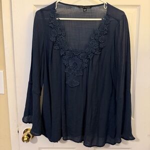 Zac & Rachel Women's Navy Blue Gauzy, Airy Floral Lace Blouse, Bell sleeve